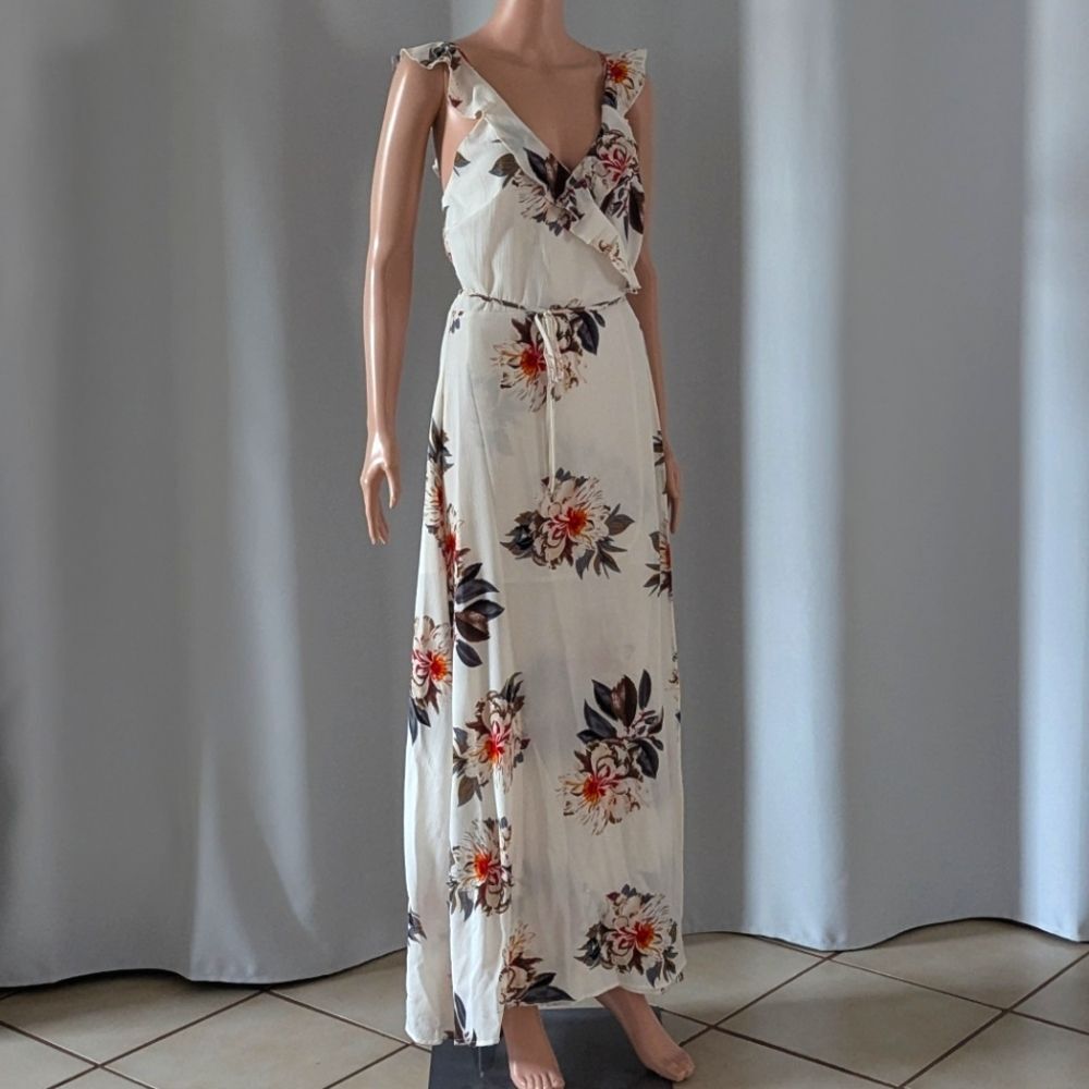 Flowy Tropical Vacation Floral Maxi Wrap Dress Sz S